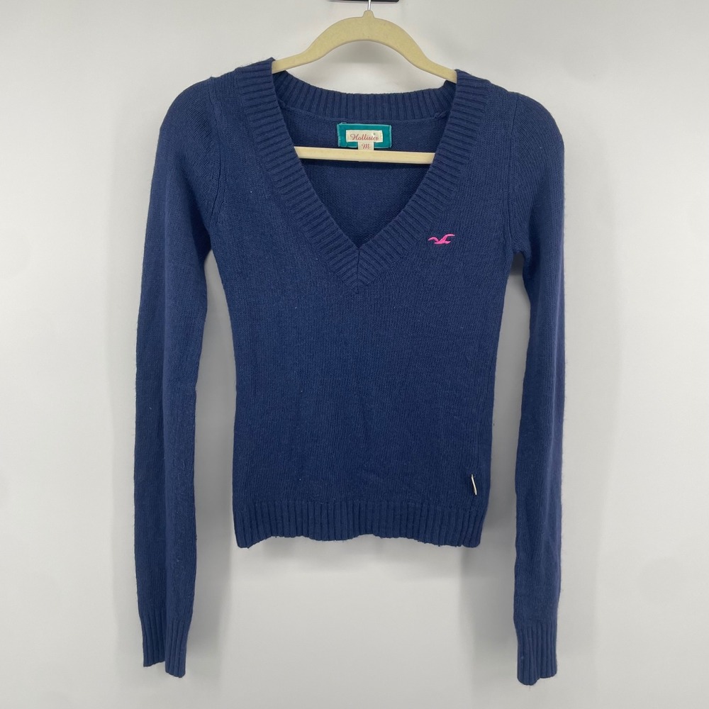 VTG Hollister Sweater Womens M Blue V-Neck Long Sleeve Rabbit Hair Blend Y2K